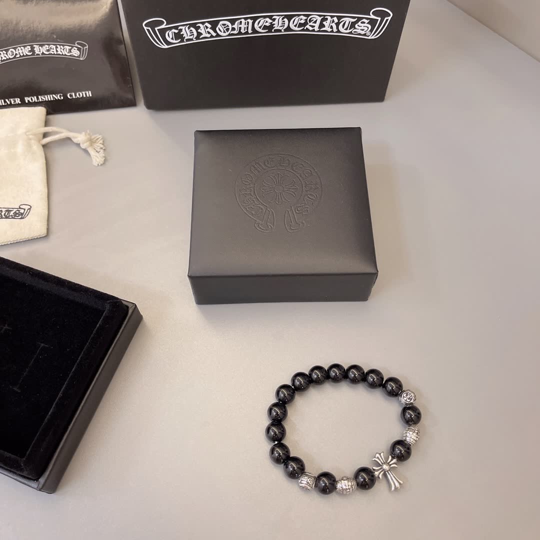 Chrome Hearts Black Bead Bracelet with Cross
